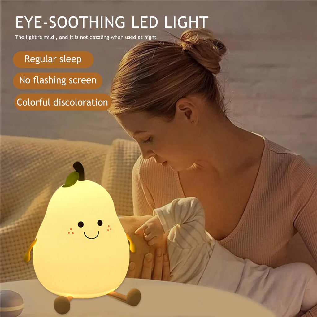 Cute Pear Night Light 7-Color Dimmable Touch-controlled Silicone