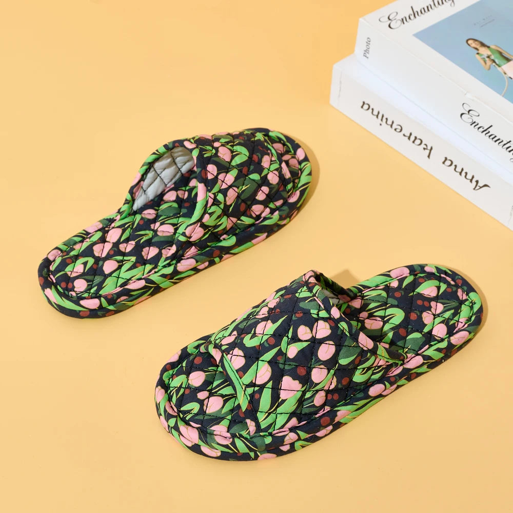 Summer Women Home Slippers Soft Cotton Floral Floor Shoes Antislip