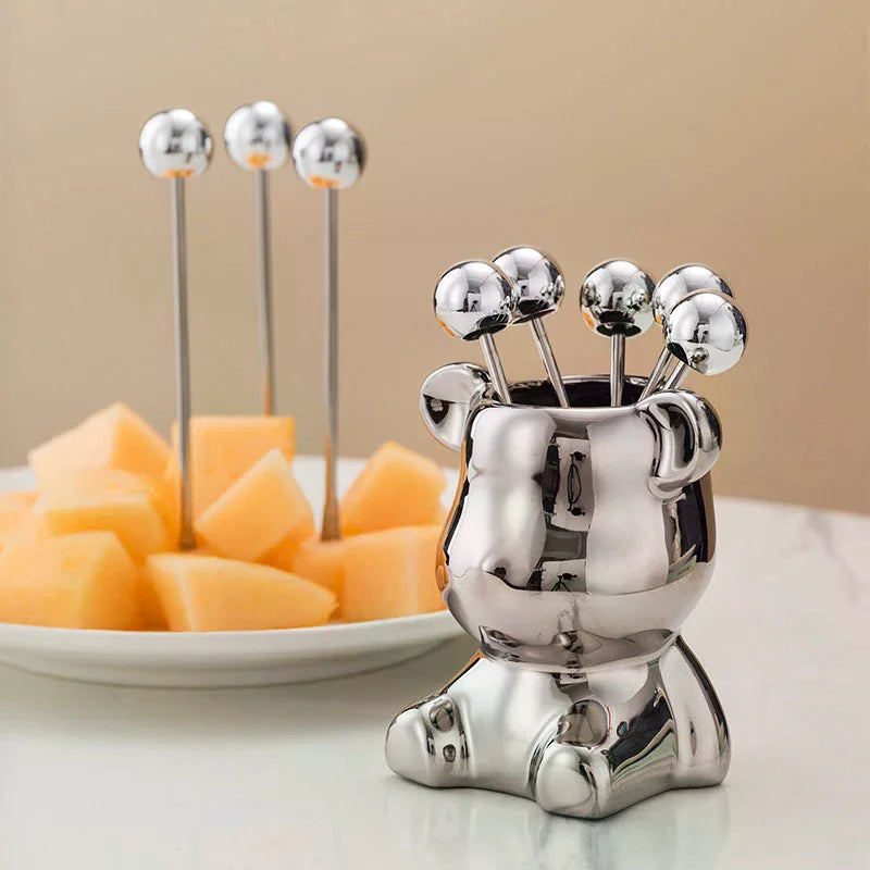 Stainless Steel Dessert Forks Storage Jar Cute Bear Utensils Party Zpaxo
