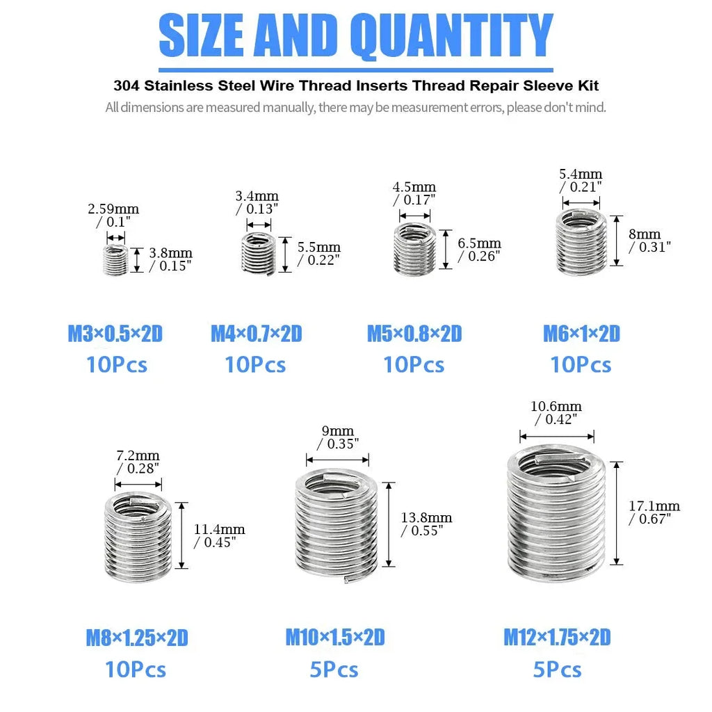 60Pcs Wire Thread Insert M3 M4 M5 M6 M8 M10 M12 Fastening Thread Insert Stainless Steel Spiral Wire Screw Sleeve Wear Repair Kit Zpaxo