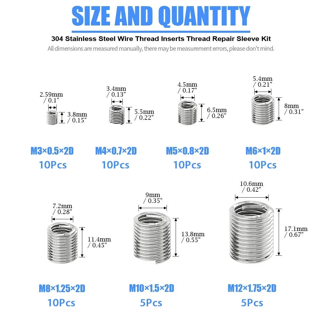 60Pcs Wire Thread Insert M3 M4 M5 M6 M8 M10 M12 Fastening Thread Insert Stainless Steel Spiral Wire Screw Sleeve Wear Repair Kit Zpaxo