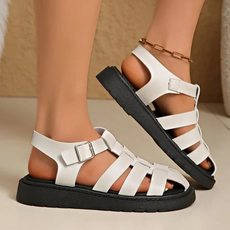 Women's Round Closed Toe Hollow Out Breathable Mid Heel Sandals Zpaxo