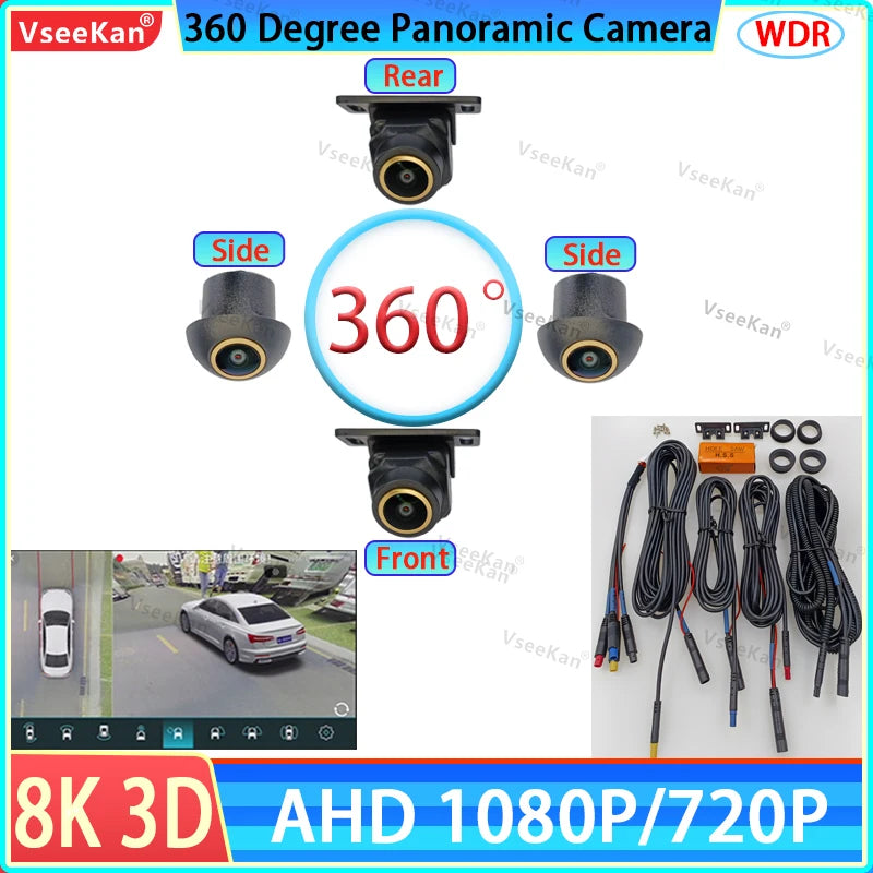 8K AHD 1080P 720P 3D 360 Panoramic Car Camera Rear+front+side Android