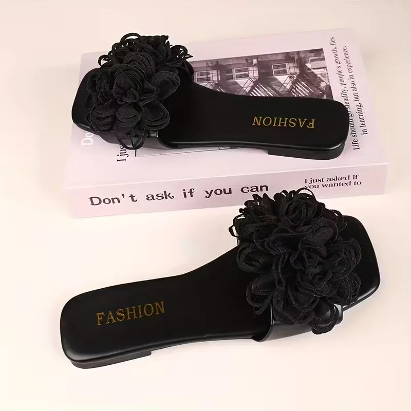 Women Flower Flat Slippers Summer Casual Walking Shoes Female Fashion Zpaxo black 38