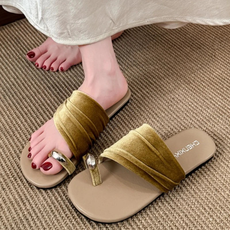 Women's Round Toe Loop Comfortable Vintage Slippers 2026 Summer Women Zpaxo green 39