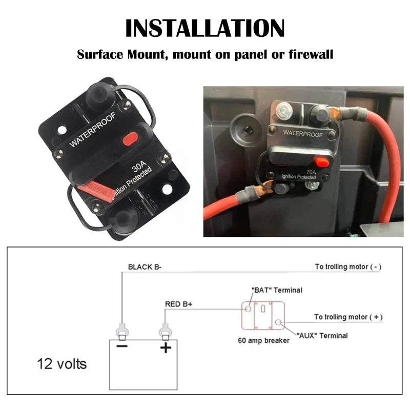 Waterproof Circuit Breaker 30A-300A Manual Reset 12V-48VDC Durable Zpaxo