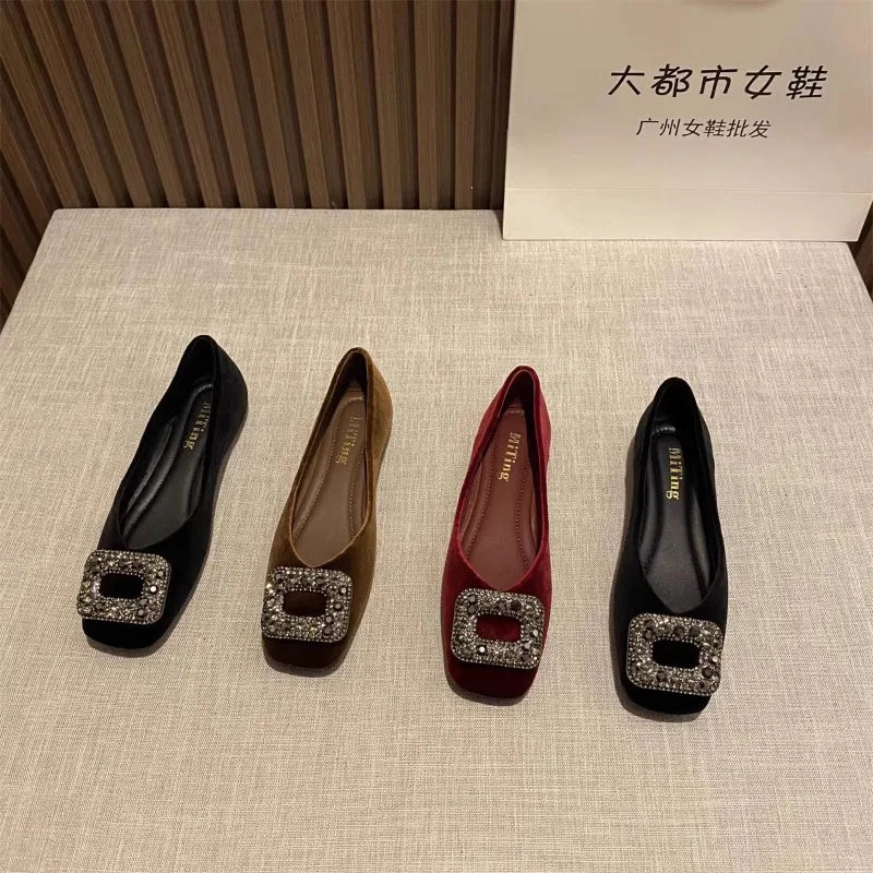 Flat Shoes for Women Spring Autumn 2025 New Rhinestone Square Toe Shallow Mouth Loafers Ladies Shoes Big Size 42 43 44 Zpaxo