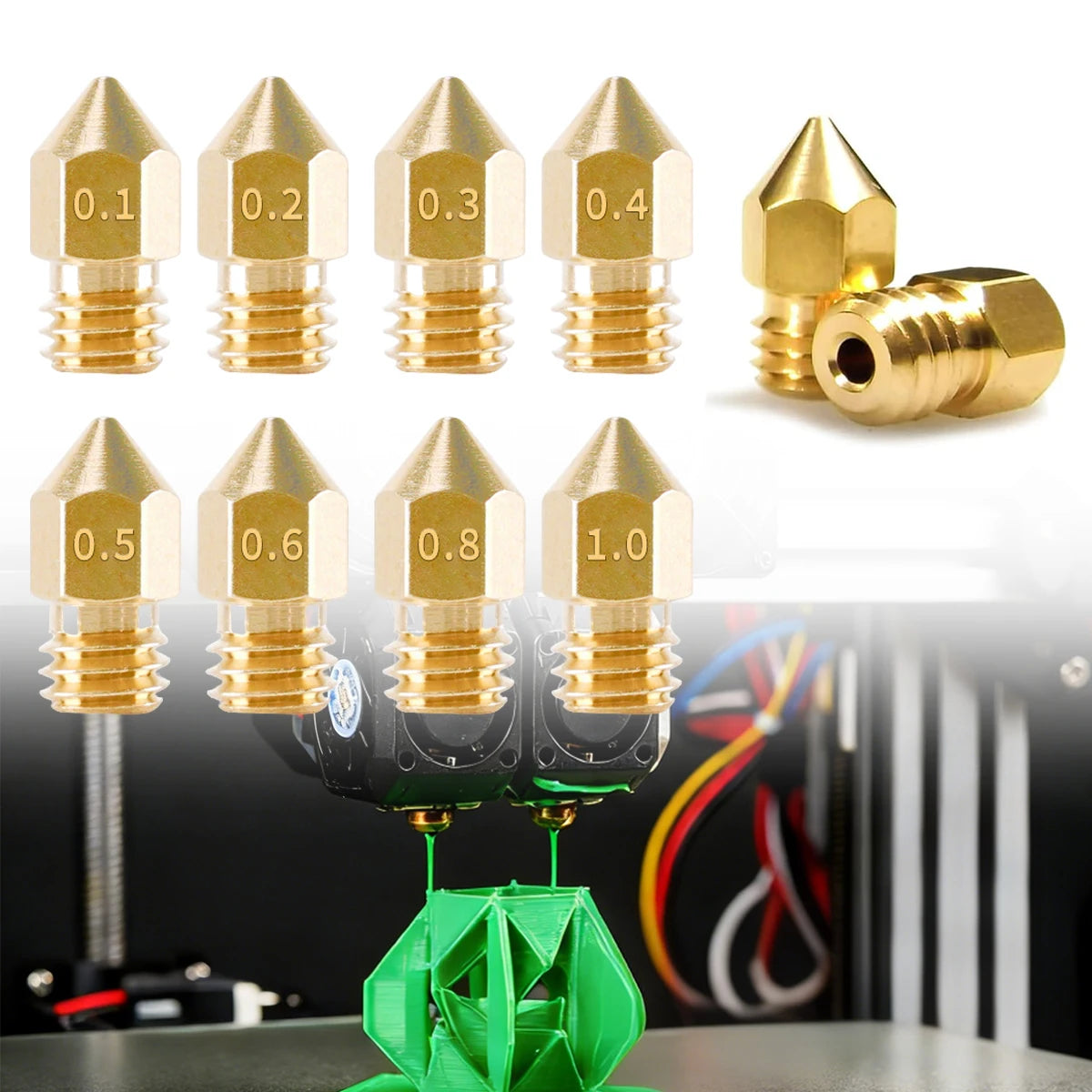 8-Pack Brass 3D Printer Nozzles 0.1–1.0mm M6 FDM Set
