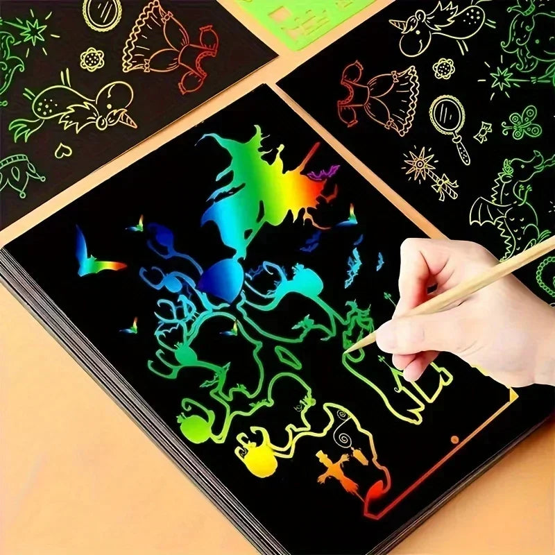 50pcs Magic Scratch Paper 5pcs Bamboo Pens Scratch Rainbow Art Paper Scratch Painting Kit with 5 Wooden Sticks Birthday Gift Zpaxo