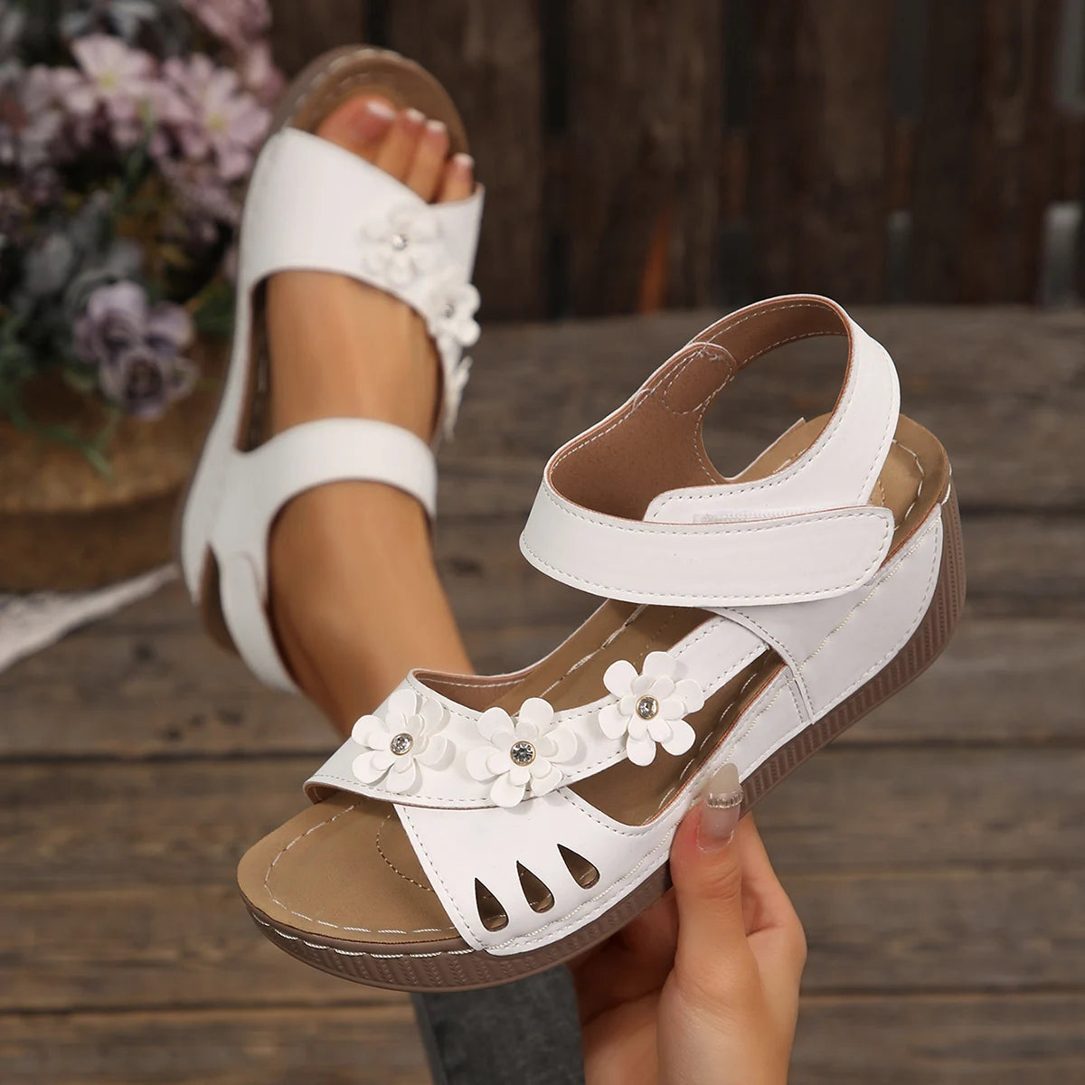 Women Flower Wedge Sandals 2026 New Platform Sandals Chunky Heel Open Toe Beach Shoes Casual Outdoor Sandals Zapatos De Mujer Zpaxo WHITE 36