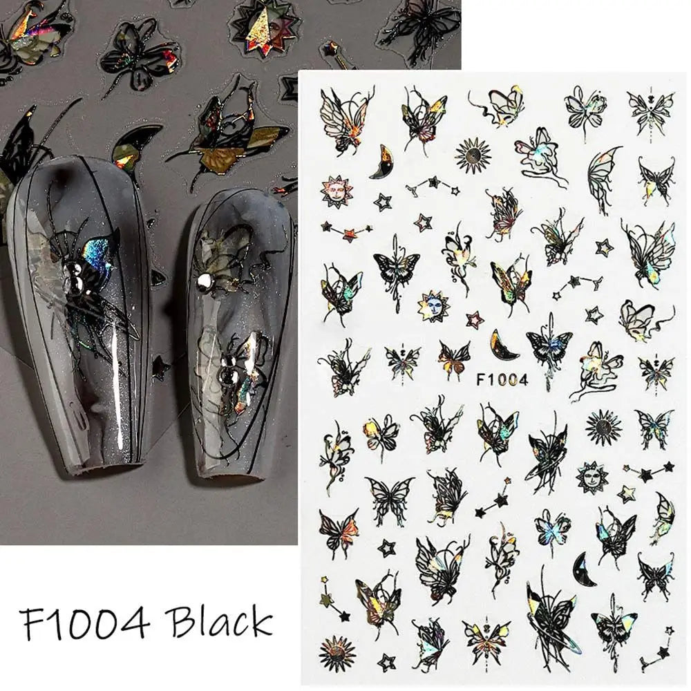 Butterfly Laser Nail Stickers Holographic Glitter Shining Adhesive Slider DIY 3D Nail Art Decal Decoration Zpaxo F1004-Black