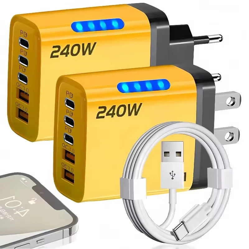 5 in 1 GaN Desktop Charger 240W Fast Charging Adapter For iPhone 17 16 15Pro Samsung 10A USB To Type C Cable 3PD 2USB Charger Zpaxo