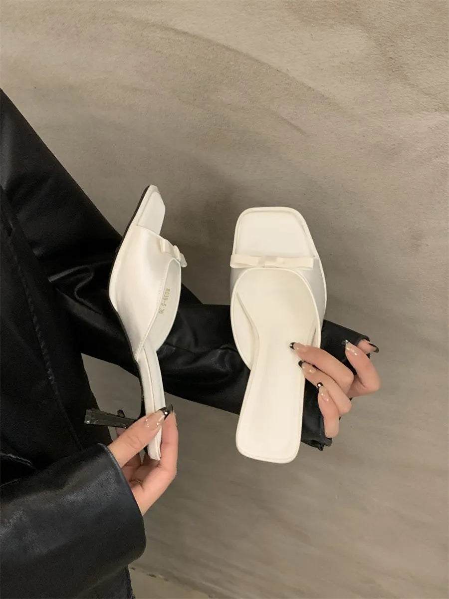 New Women's Slipper Mules Low High Heels Shoes Summer Best Street Look Females Square Head Open Toe Bow Strappy Sandals Zpaxo 40 WHITE