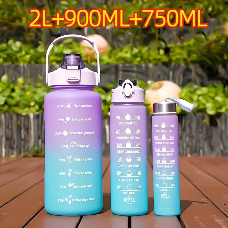1-3PCS Sports Water Bottle for Running Drinking Bottle 2L Motivational with Time Marker Stickers Portable Reusable Plastic Cups Zpaxo 3pcs-purple blue Select style