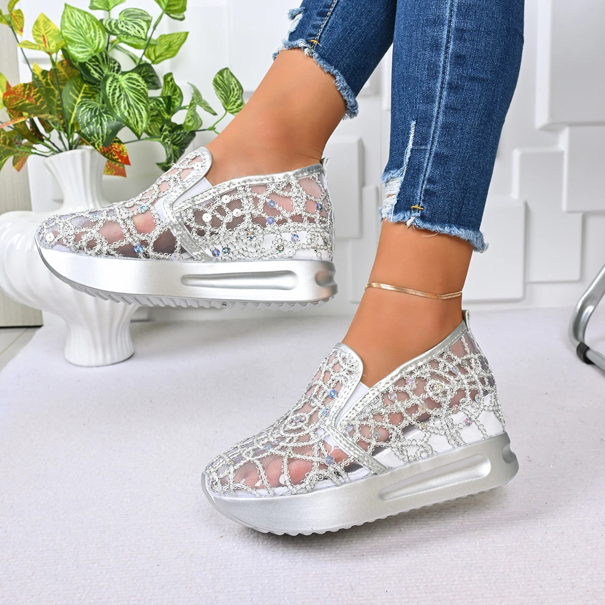 Platform Wedges Women Sneakers Comfortable Lightweight Embroidery Mesh Sneakers Women Slip on Casual Comfy Heeled Shoes Woman Zpaxo