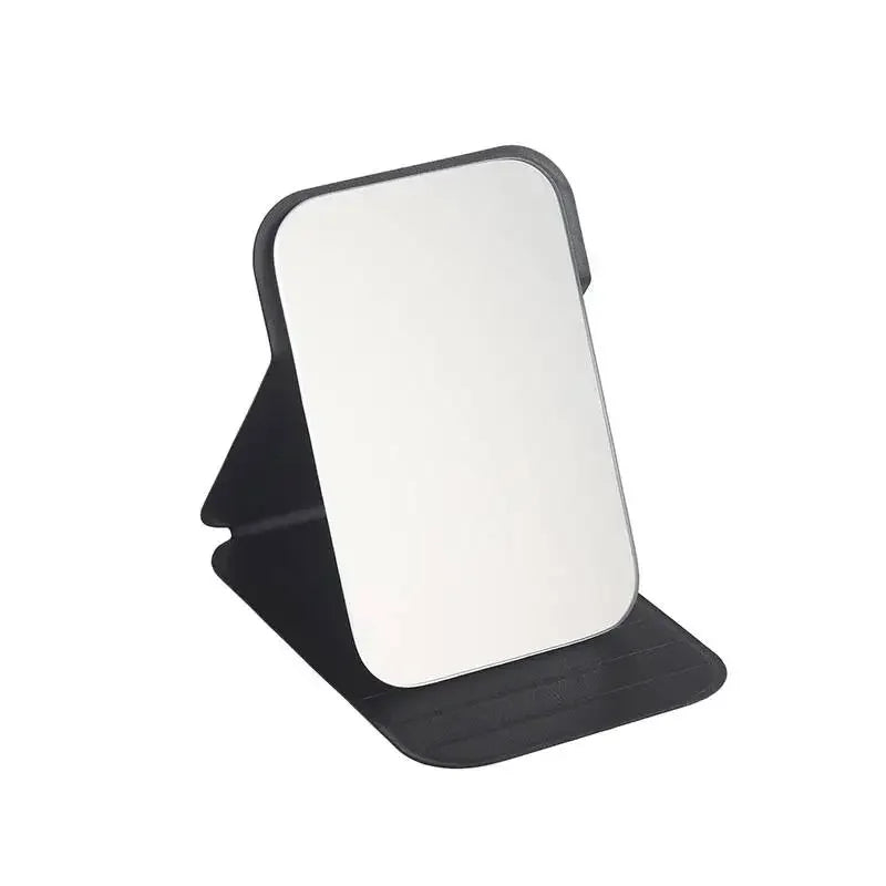 Simple Portable Handheld Foldable Mirror Solid PU Leather Desktop Zpaxo Black C3836B