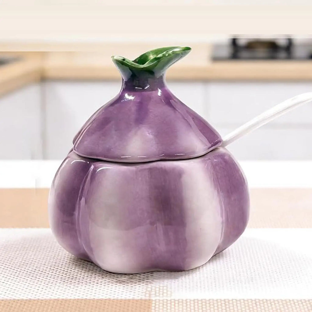 Salt Cellar Kitchen Ceramic Sugar Container Lid Spoon Onion Shaped