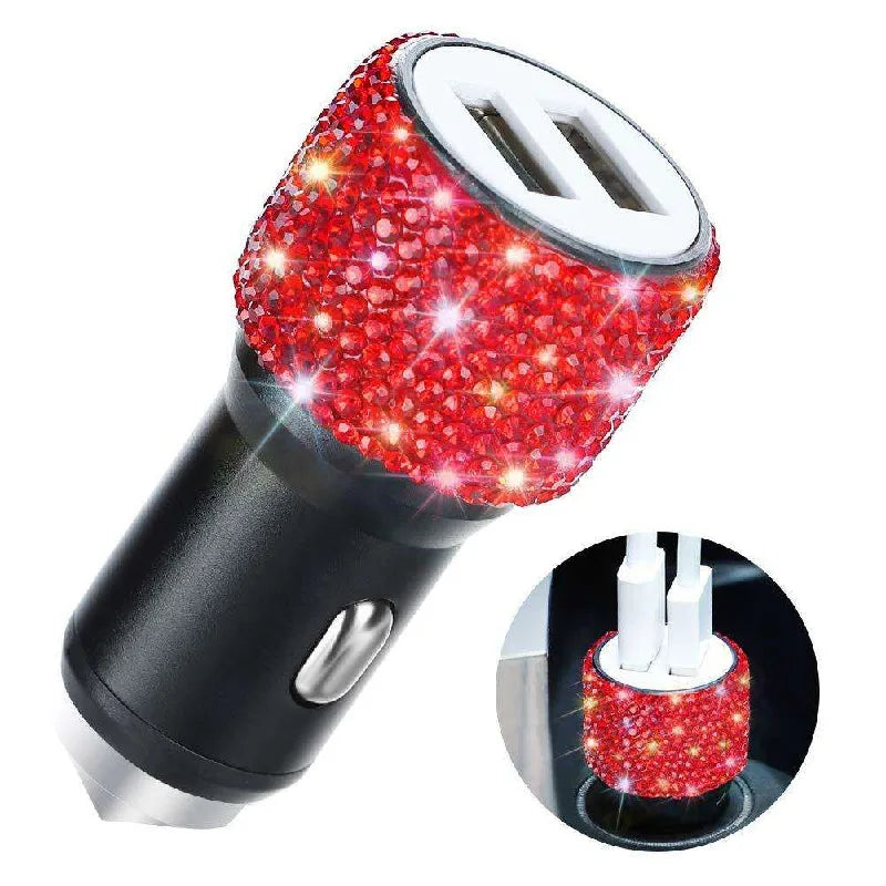 Dual USB Port Car Charger Safety Hammer Design Handmade Rhinestone