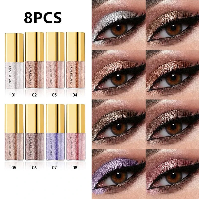 Pearl Liquid Eyeshadow Natural Smokey Silver Fine Shimmer Diamond Glitter Eye Shadow Eyelid Waterproof Highlighter Beauty Makeup Zpaxo 8Pcs Set