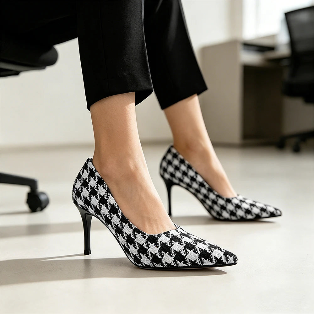 Women's Houndstooth 9cm High Heel Pumps – Vintage Plaid Office Shoes
