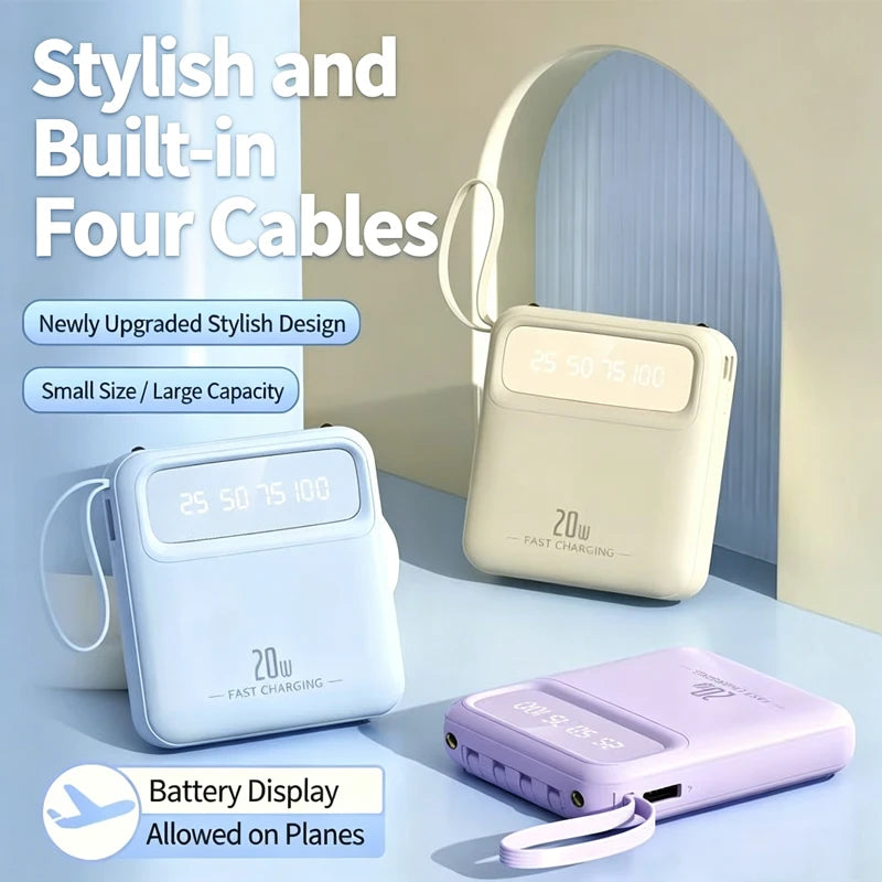 New 20000mAh Mini 4in1 Cable Portable Charger Fast Charging LED Digital Display Power Bank Suitable for IPhone Xiaomi Samsung Zpaxo