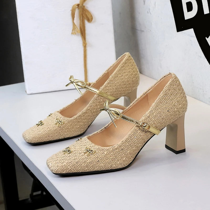 Tweed Heels Gold Bow Ankle Strap Block Heel Square Toe Elegant Pumps Zpaxo 8293-11 Khaki 40(insole 24.5cm) China Mainland