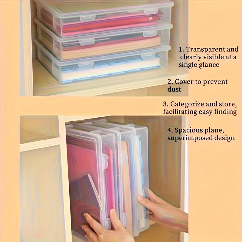 A4 Clear Plastic Storage Box Hinged Lid Desktop Organizer Office