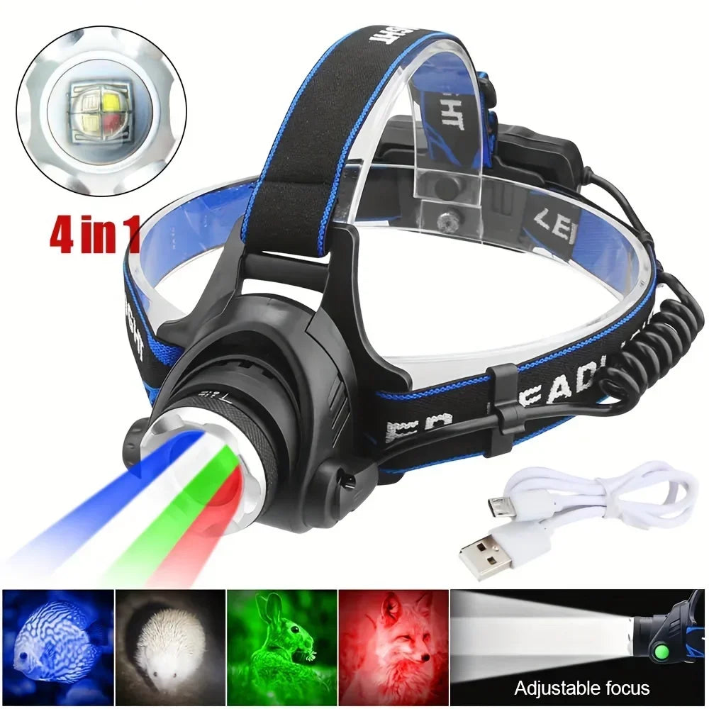 4-in-1 LED Headlamp – Zoomable Rechargeable Multi-Color Headlight