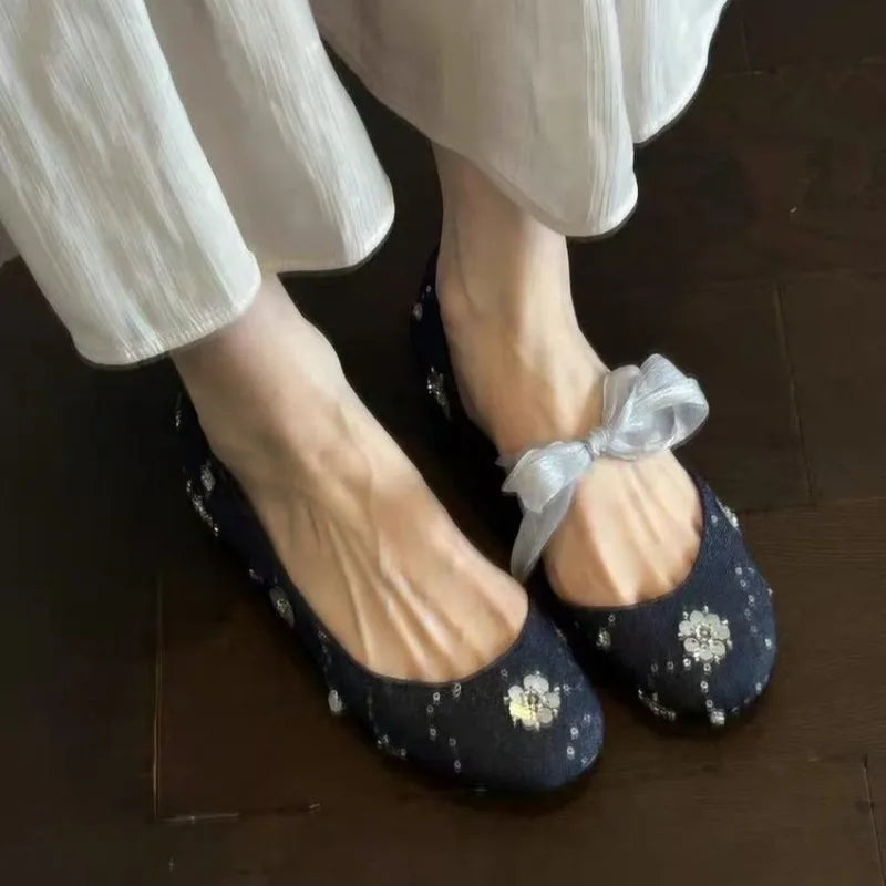 Spring Autumn Women's Round Closed Toe Sequin Decoration Single Shoes Zpaxo