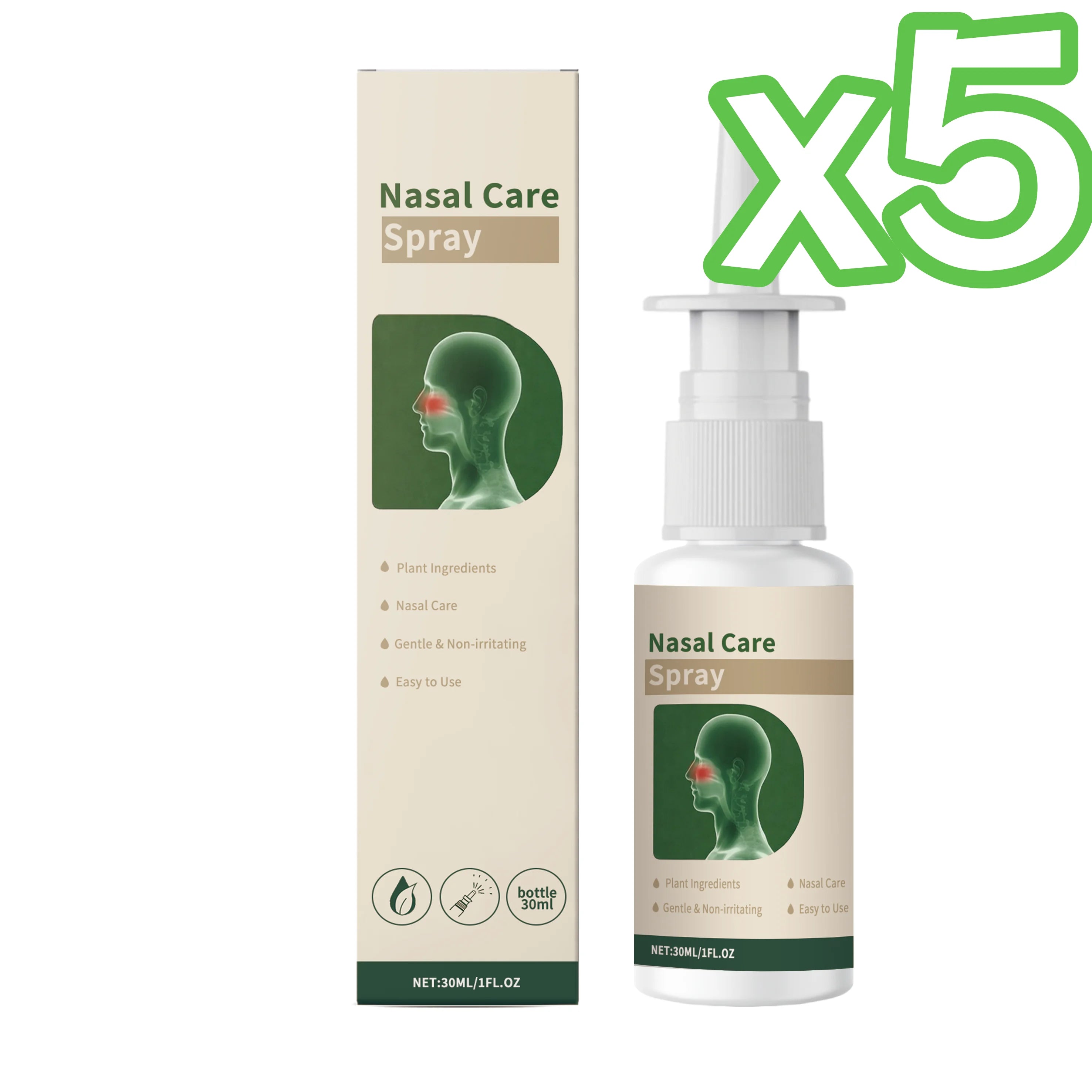 Plant-Based Nasal Cleaning Spray 30ml – Congestion Relief Nasal Care Spray Zpaxo 30ml boxed x 5pcs