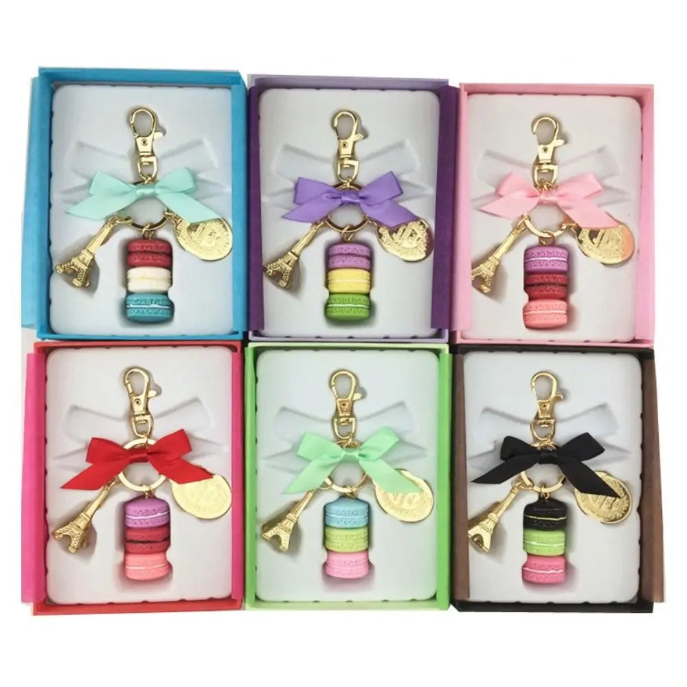 Alloy Bowknot Macaron Cake Pendant Bag Charm Gold Color Eiffel Tower Key Chains Kawaii Dessert Macaron Key Ring Women Girls Zpaxo