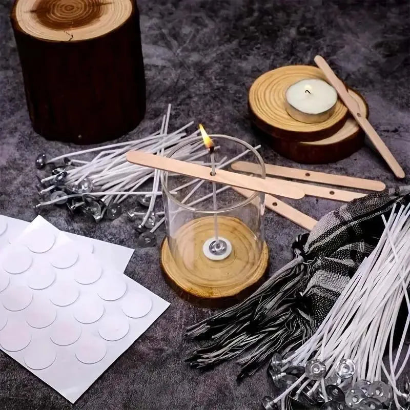 Candle Making Kit: 50pcs Ply Wicks, 100pcs Candle Wick Stickers & 5 Wooden Candle Wick Holders for Soy And Beeswax Candles Zpaxo