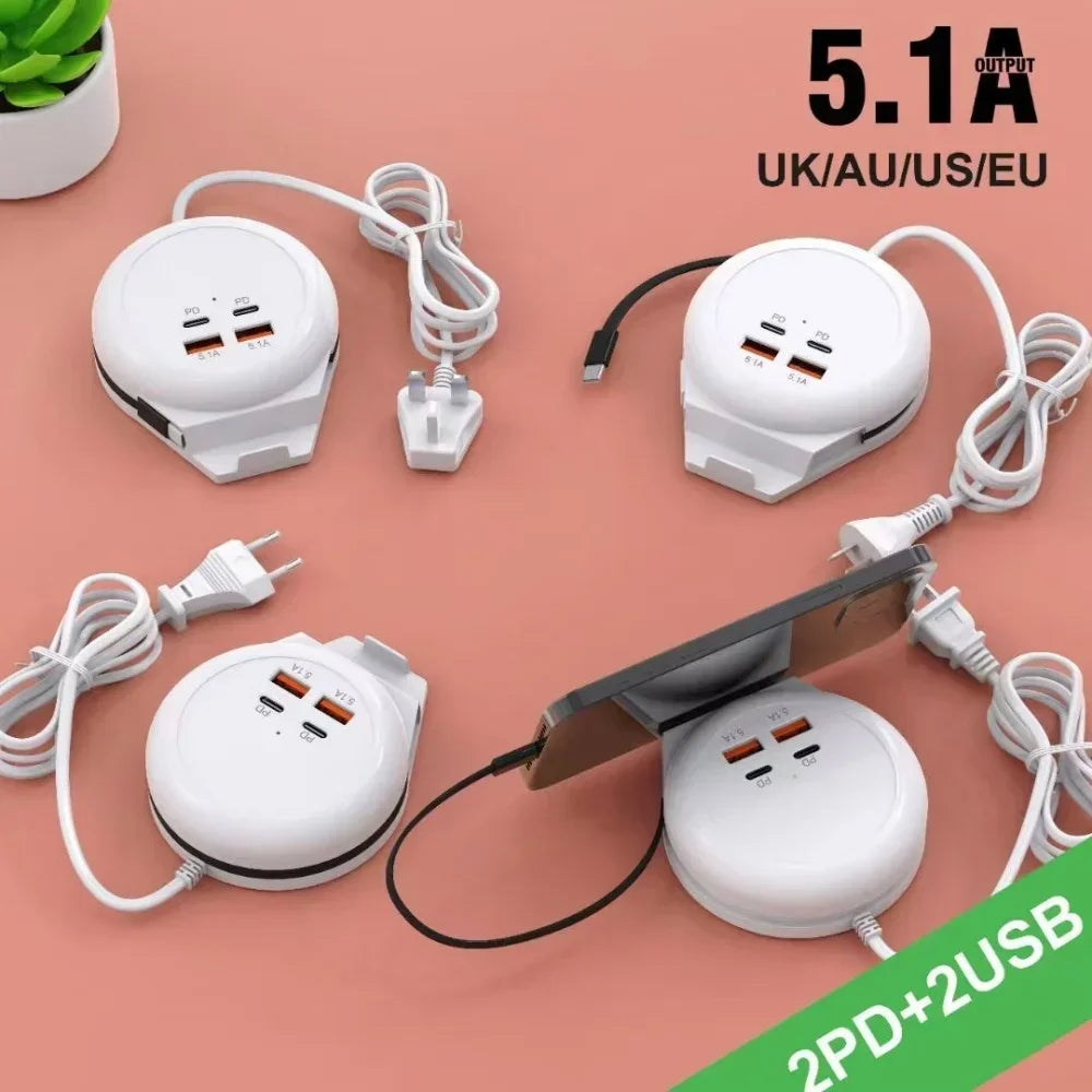 4-in-1 Fast Charger Power Strip – UK/US/EU Plugs, USB-C PD Travel Power Strip Zpaxo