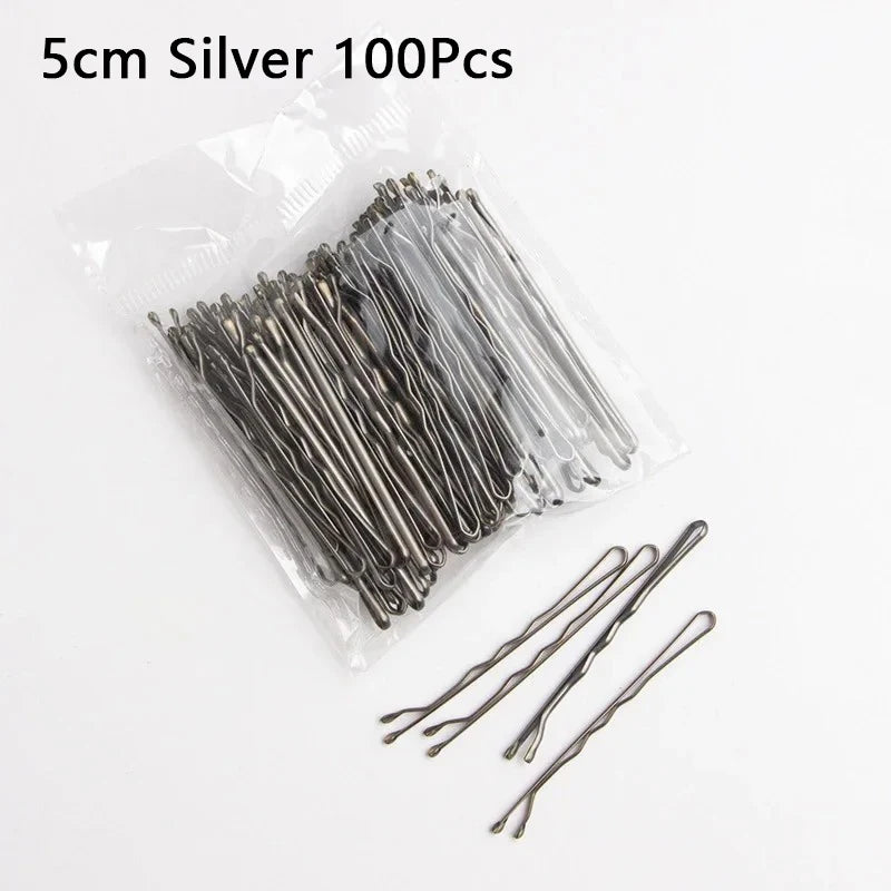 Women Black Hair Clip Metal U-shaped Bobby Pins Wavy Hairpin Barrette Zpaxo Silver-100Pcs