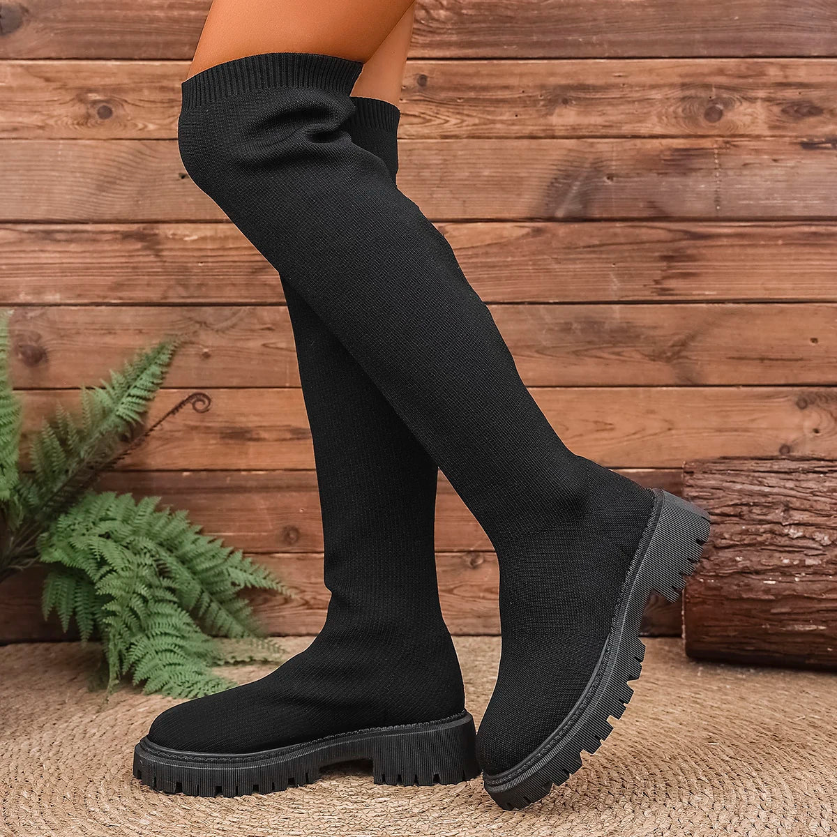 2025 New Women Knee Boots Trend Slip on Shoes Woman Thick Bottom Luxury Knee High Boots Chunky Platform Knitted Long Boots Women Zpaxo