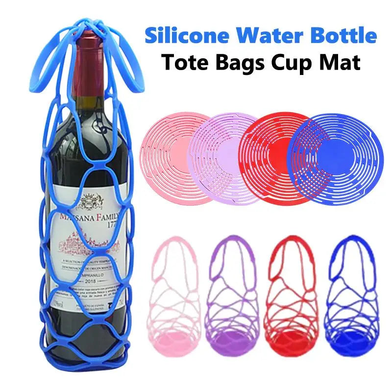 Silicone Wine Tote Reusable Bottle Bag With Cup Placemat Washable for Outdoor Picnic Travel Events Zpaxo
