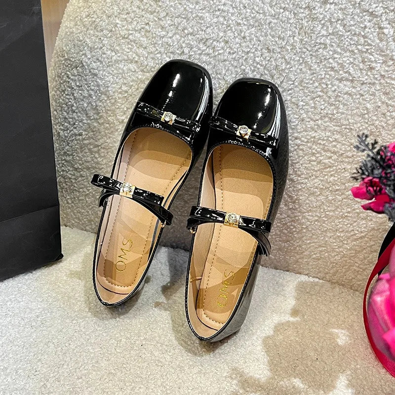 Flat Shoes for Women Autumn Spring Sweet Square Toe Shallow Bow 2024 New Lightweight Rhinestone Red Mary Jane Large Size Shoes Zpaxo Black 38