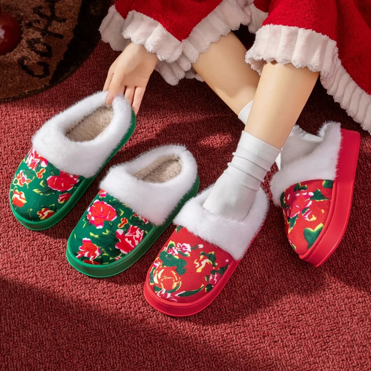 Chinese Traditional Floral Warm Slippers Winter Plush Lined Non-slip