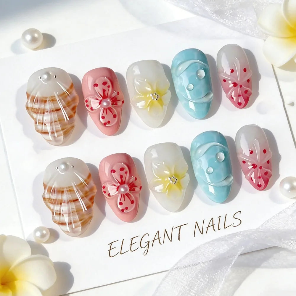 Reusable Handmade Summer 3D Nails Wearable Manicure Full Cover Jelly Gel Fake Nails Artificial Easy To Wear French False Nails Zpaxo C