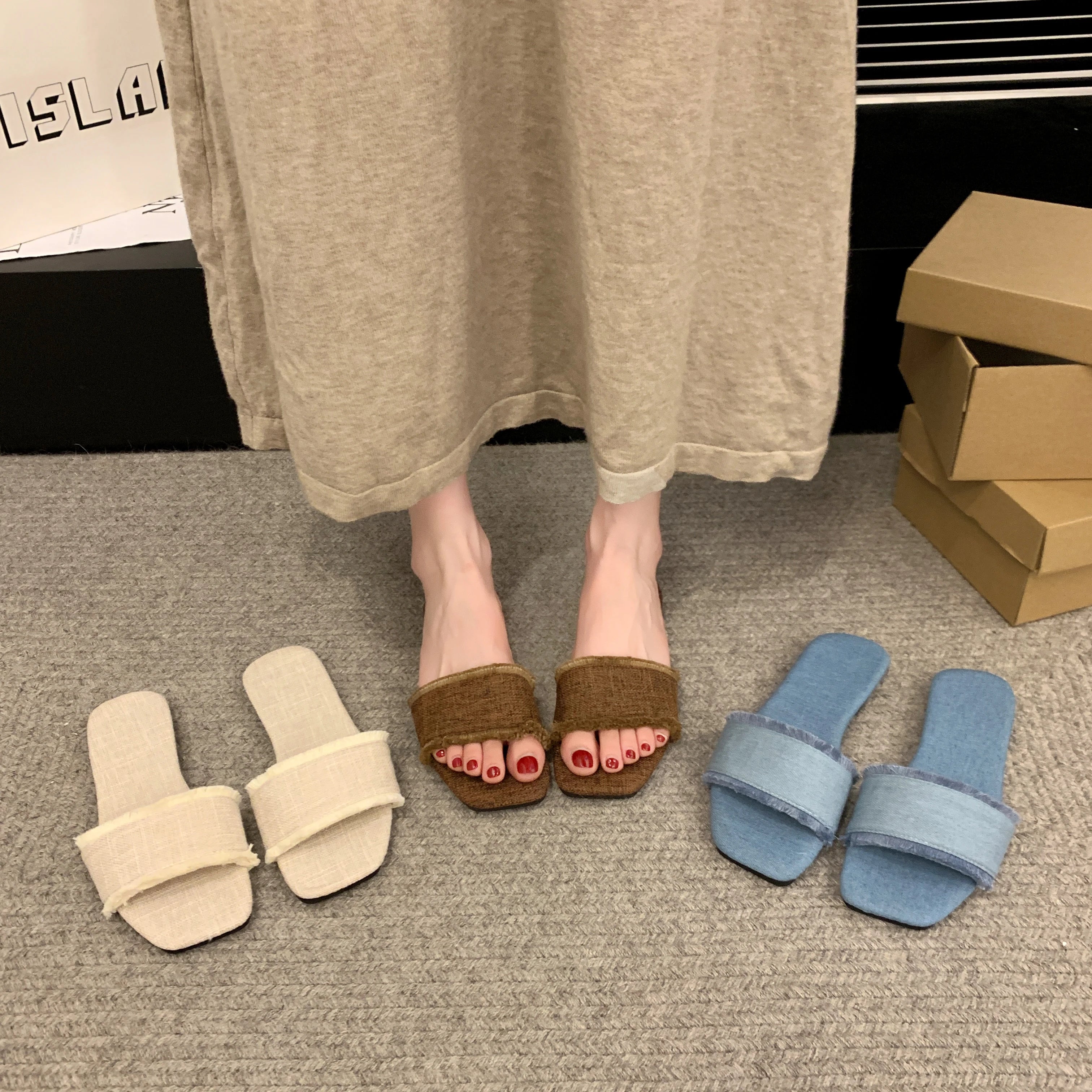 Summer Indoor Women Slides Shoes Women's Slippers Solid Color Open-toe Set Foot Vacation Beach Flat Sandals Casual Flip Flops Zpaxo