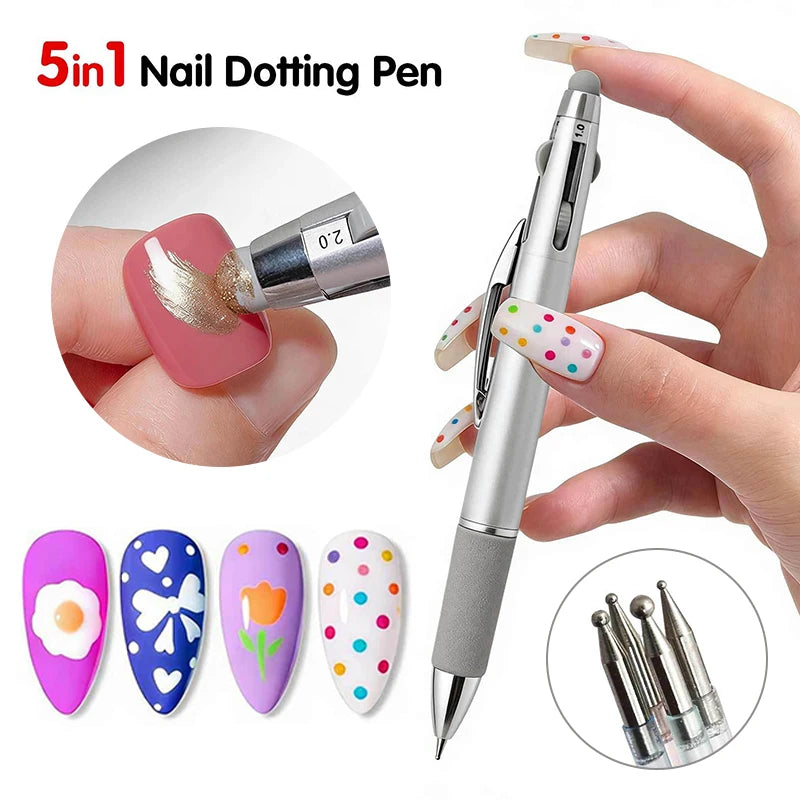 5-in-1 Nail Dotting Pen Nail Art Dotting Tools Ballpoint Pen Design Nail Art Tip Dot Paint Manicure Kit for Drawing Home Salon Zpaxo
