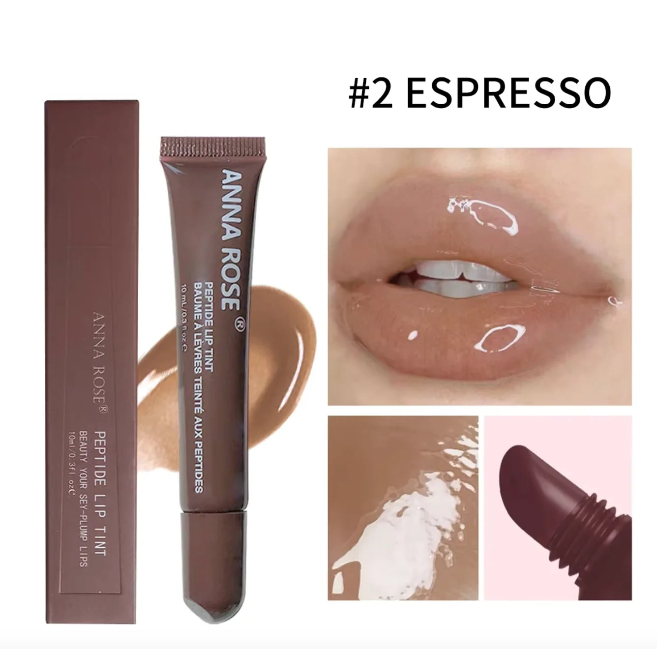 Peptide-Infused Lip Tint Set - 4 Jelly Gloss Shades, Moisturizing Lip Gloss, Long-Lasting Shiny Lip Color Zpaxo 2 ESPRESSO