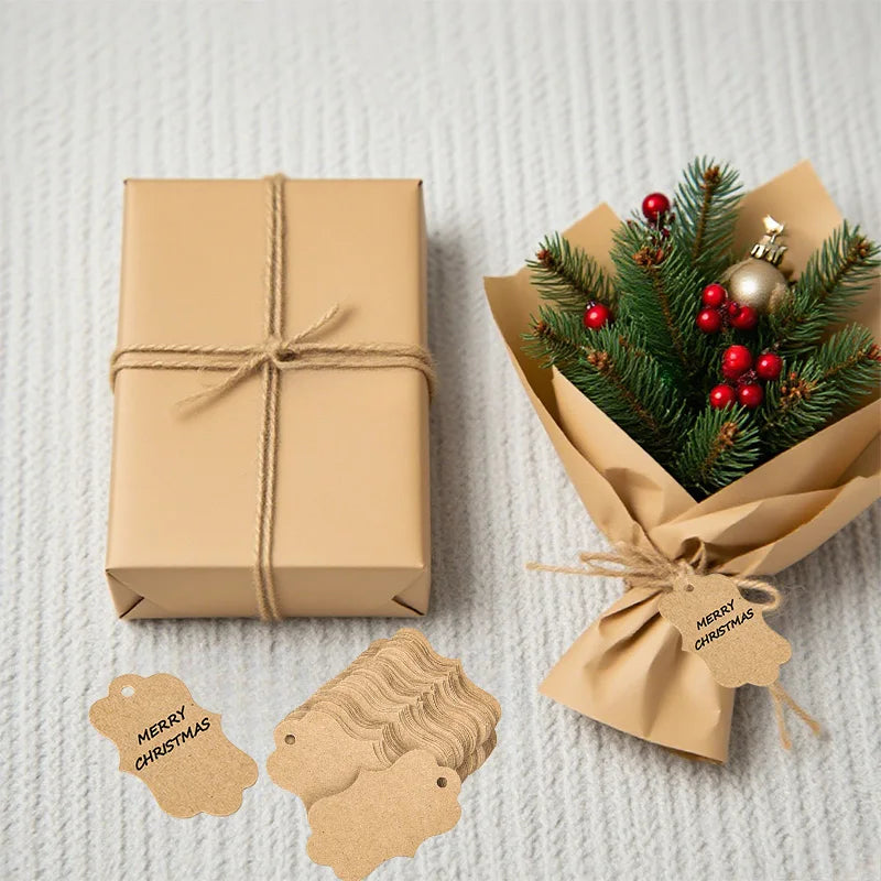 Christmas Decoration 2025 Kraft Paper Tags DIY Wrapping Gift Flowers Xmas Tree Hanging Label Christmas New Year Party Wrapping Zpaxo