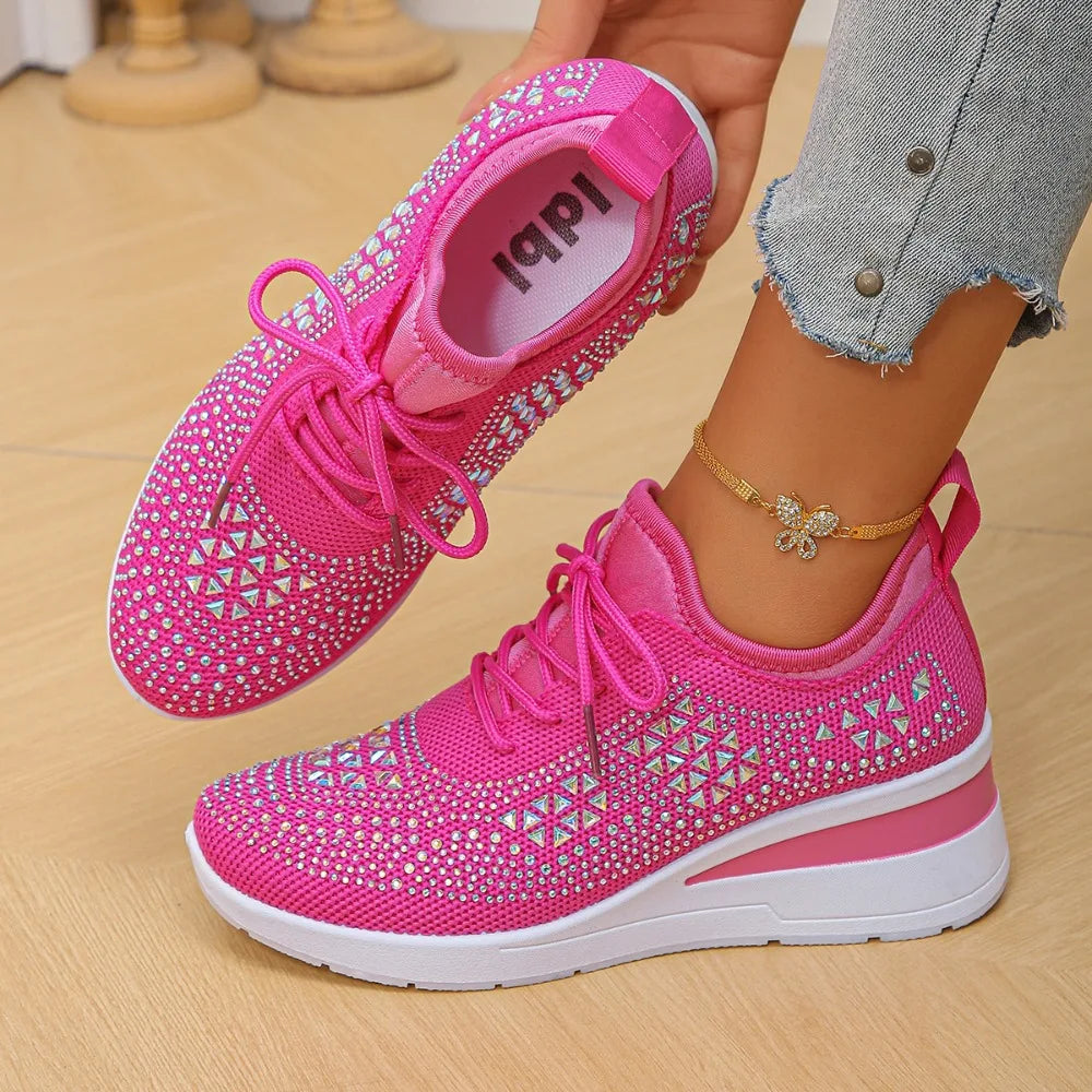 Women's Shiny Rhinestone Wedge Sneakers Breathable Knit Non Slip