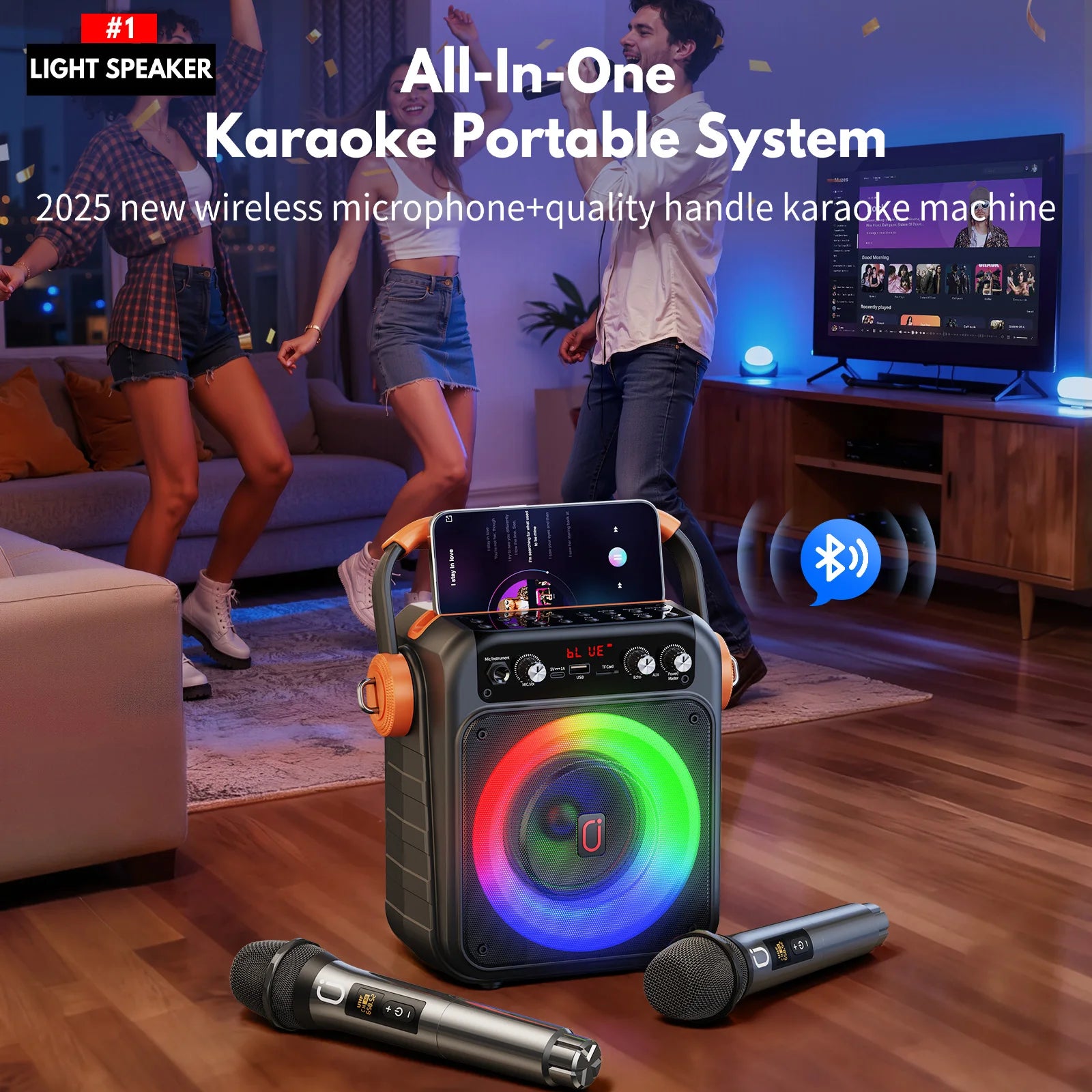 Karaoke Machine 2 Wireless Microphones Portable Bluetooth 5 3 Light