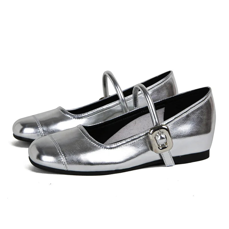 Flat Shoes for Women Spring Autumn Square Toe Shallow Mouth Silve Increased Height Mary Jane Plus Size Women's Shoes Zpaxo