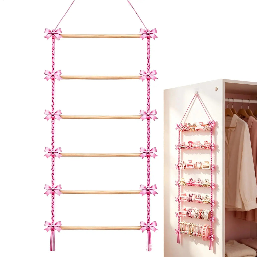 Macrame Hair Accessory Storage Hanging Clip Organizer Pink Bow Holder