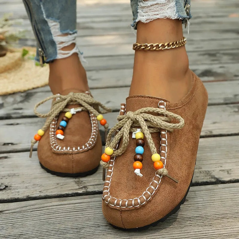 Women's Slip-on Loafers Soft Bottom Suede Leather Ethnic Flats Beaded Zpaxo 39 brown 1