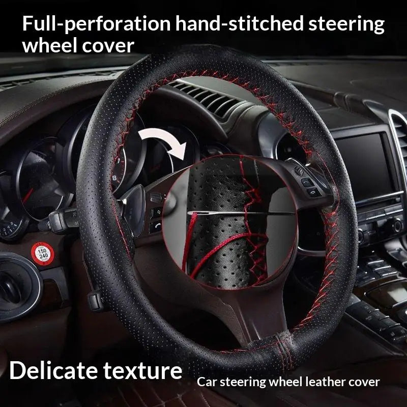Hand-Sewn Leather Steering Wheel Cover – 38cm Universal