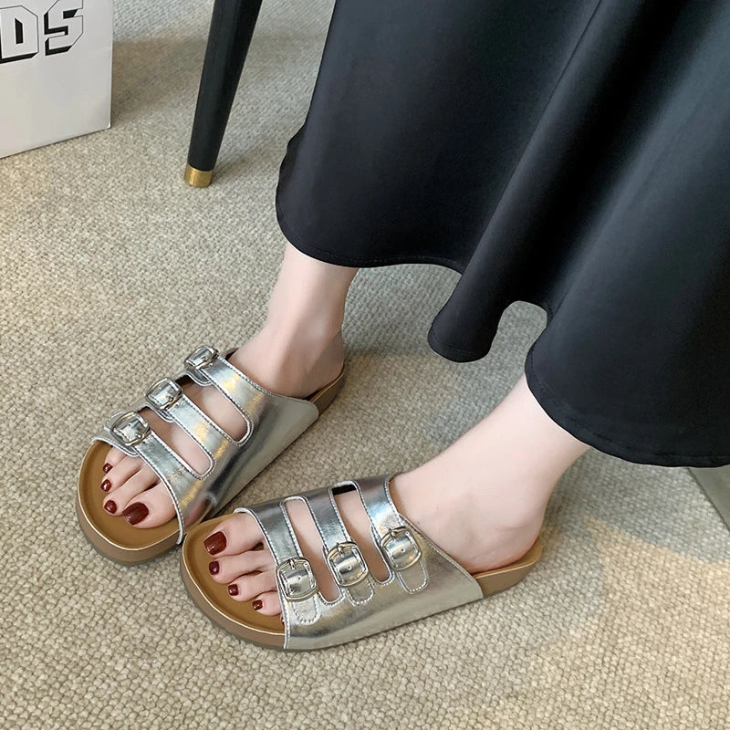 Womens Silver Three Buckle Strap Slide Sandals Open Toe Flat Slippers Zpaxo